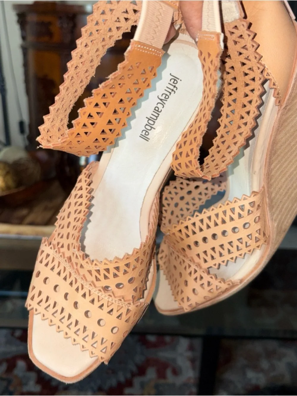 Jeffrey Campbell Tan Laser-Cut Wedge Sandals with Ankle Strap